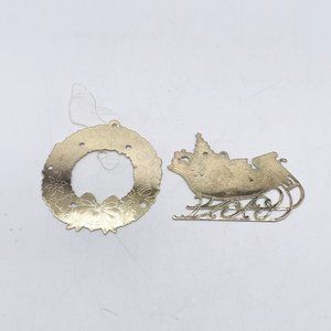 Vintage Etched Press Brass Holiday Christmas Ornaments Lot 2 Wreath Sleigh 3"